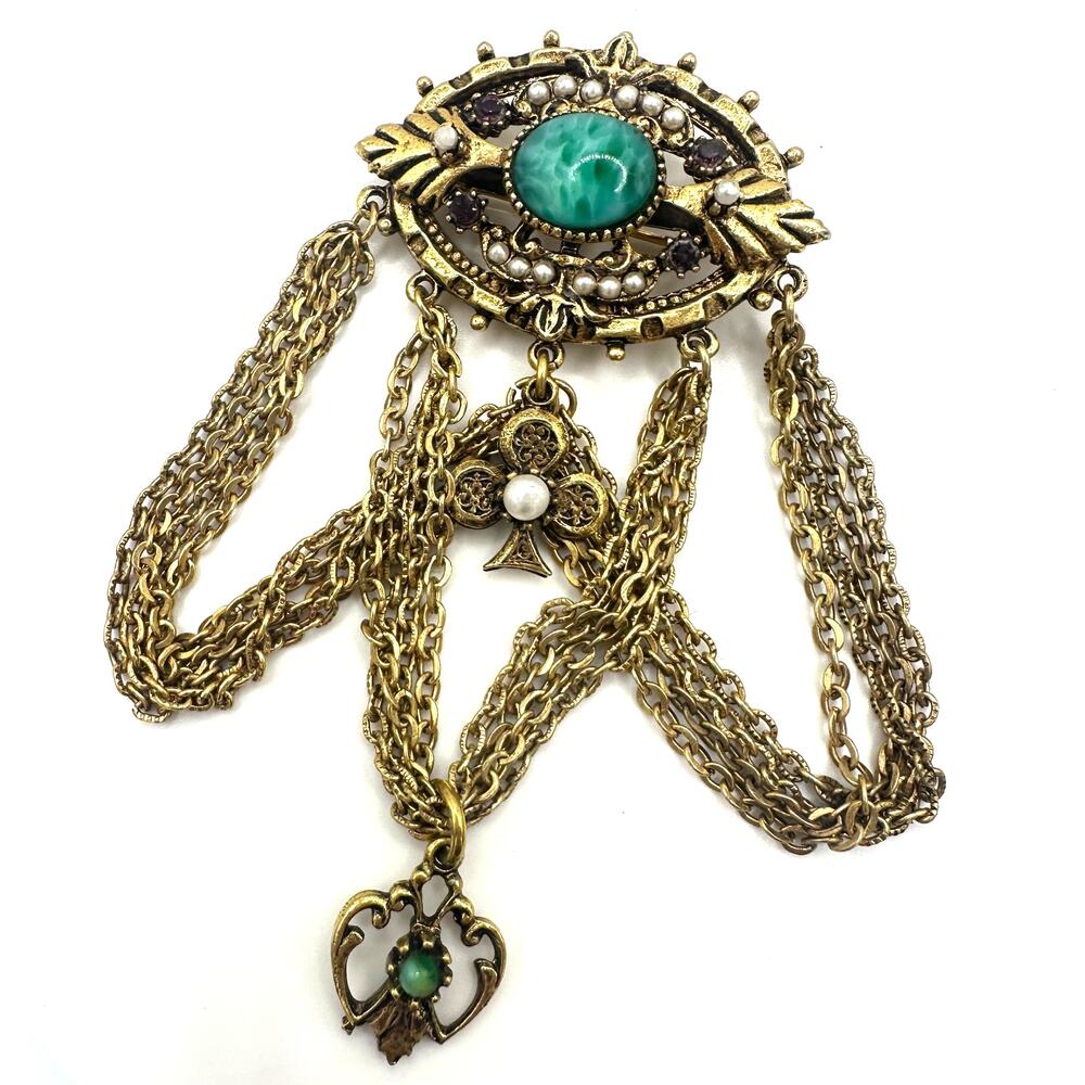 ART Victorian Revival gold tone swag chains rhinestones art glass brooch